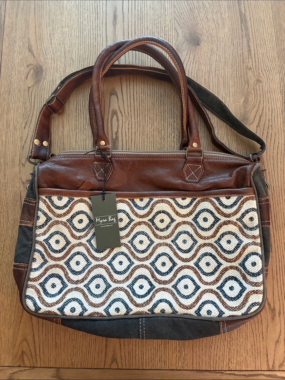 NWT Myra Messenger/Laptop Bag Woven w/Leather Trim & Handles, Canvas Back